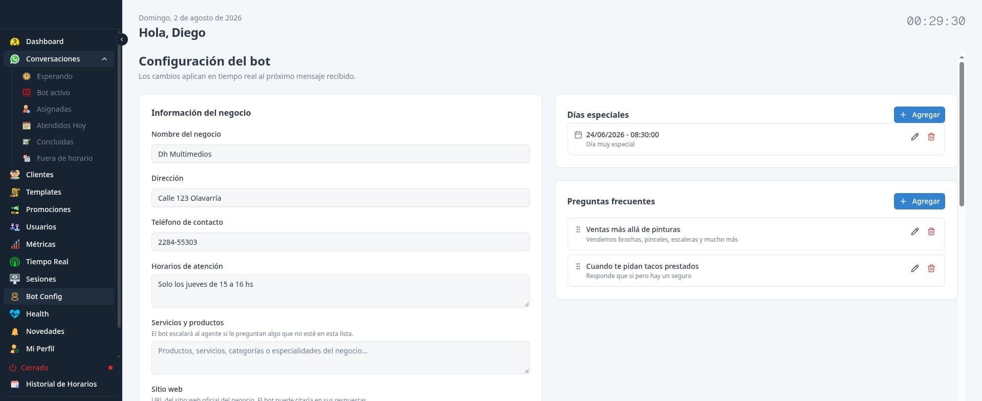 Configuración de información y respuestas del sistema